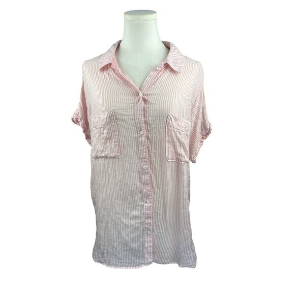 Women’s Cloth & Stone Size Large Pink & White Pinstriped Button Up Short Sleeve. - Picture 1 of 5